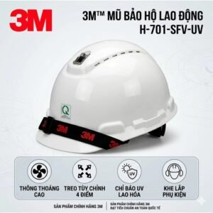 Ảnh giới thiệu mũ bảo hộ 3M H-701SFV-UV có lỗ thoáng màu trắng, băng đầu 3M, bốn biểu tượng tính năng bên dưới
