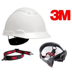 Mũ bảo hộ 3M H-701SFV-UV màu trắng không lỗ thoáng, kèm băng đầu đen đỏ và hệ quai núm vặn đặt cạnh, logo 3M đỏ