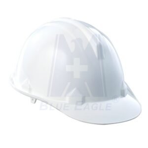 Mũ bảo hộ Blue Eagle Đài Loan màu trắng nhìn nghiêng, vỏ HDPE-ABS bóng, gân nổi dọc đỉnh, vành trước ngắn
