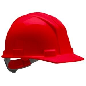 Mũ bảo hộ Bullard màu đỏ nhìn nghiêng, vỏ nhựa ABS bóng, gân nổi dọc đỉnh, khe gắn phụ kiện, quai lót xám phía sau