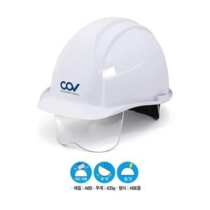 Mũ bảo hộ COV E002 màu trắng có kính che mắt trong suốt gắn dưới vành trước, logo COV xanh, biểu tượng tính năng