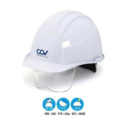Mũ bảo hộ COV E002 màu trắng có kính che mắt trong suốt gắn dưới vành trước, logo COV xanh, biểu tượng tính năng