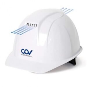 Mũ bảo hộ COV COVH-A001 màu trắng có lỗ thoáng, mũi tên xanh minh họa luồng khí đi qua các khe trên đỉnh
