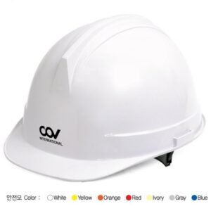 Mũ bảo hộ COV VINAH-E001 màu trắng nhìn nghiêng, logo COV xanh, kèm dải chấm màu trắng vàng cam đỏ xám xanh bên dưới