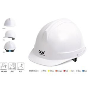 Mũ COV VINAH-E001 trắng chụp nhiều góc nhỏ bên trái, ảnh lớn bên phải, kèm biểu tượng hướng dẫn và bảng màu phía dưới