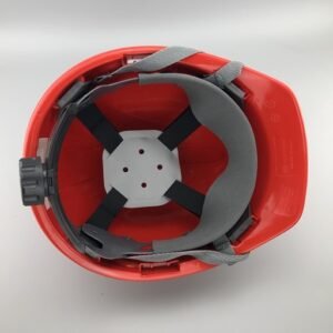 Lòng mũ COV VINAH-E001 màu đỏ úp ngược, bốn quai vải đen đan chéo, băng đầu xám có đệm, núm vặn chỉnh vòng đầu