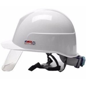 Mũ bảo hộ SSEDA Hàn Quốc màu trắng có kính che mặt trong suốt phía trước, quai đeo cằm đen, núm vặn xanh phía sau