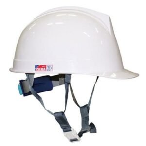 Mũ bảo hộ SSEDA mặt tròn màu trắng có quai đeo cằm xám buông xuống, núm vặn xanh phía sau, nhãn hãng bên hông