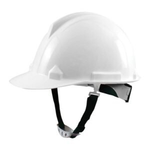 Mũ bảo hộ Thùy Dương N40 màu trắng nhìn nghiêng, vành trước dài, quai đeo cằm đen có khóa, núm vặn phía sau