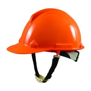 Mũ bảo hộ Thùy Dương N40 màu cam nhìn nghiêng, vỏ bóng gân nổi, vành trước dài, quai đeo cằm đen khóa trắng
