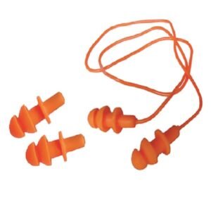 Hai cặp nút tai 3 tầng Việt Nam màu cam, một cặp rời và một cặp nối dây đeo cam cuộn vòng phía trên, có cán cầm