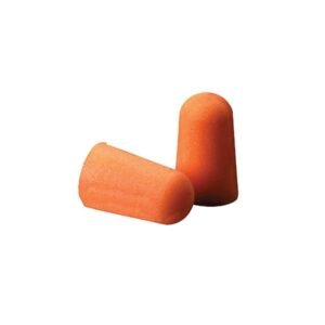 Hai nút tai chống ồn 3M 1100 màu cam dạng trụ thuôn không dây, một nút đứng một nút nằm nghiêng trên nền trắng