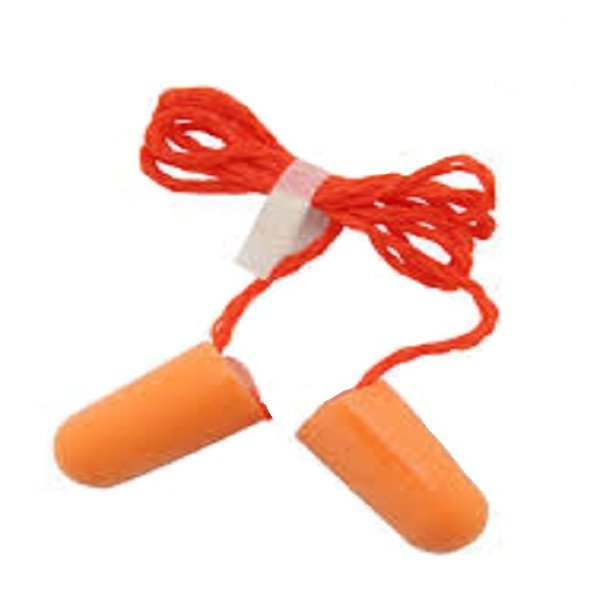 Cặp nút tai chống ồn 3M 1110 màu cam dạng trụ thuôn, nối với nhau bằng dây đeo màu cam đỏ có kẹp nhựa trong