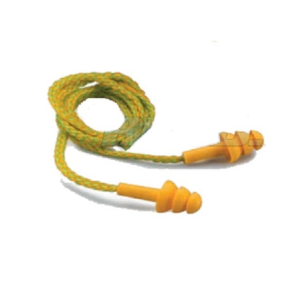 Cặp nút tai chống ồn Proguard EP1363 ba tầng màu vàng cam, có cán cầm, nối bằng dây đeo màu vàng cuộn tròn