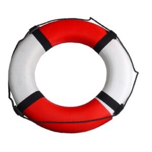 Phao xốp cứu sinh hình tròn màu trắng xen đỏ, bốn đai vải đen quấn quanh thân, dây bám màu đen chạy vòng ngoài