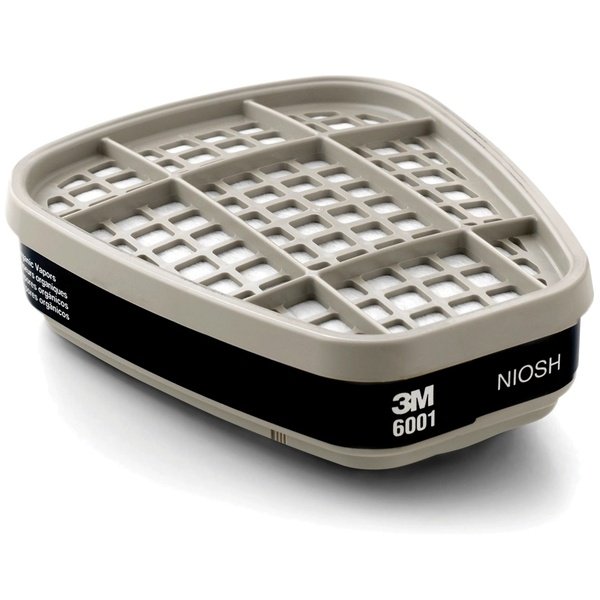 Phin lọc 3M 6002 dạng hộp chữ nhật bo góc vỏ xám, mặt trên lưới nan chia ô, đai nhãn sẫm màu quanh thân in chữ 3M và NIOSH