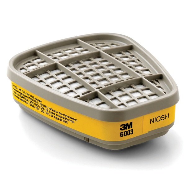 Phin lọc 3M 6003 dạng hộp vỏ xám, lưới nan phía trên, đai nhãn màu vàng quanh thân in chữ 3M 6003 và NIOSH
