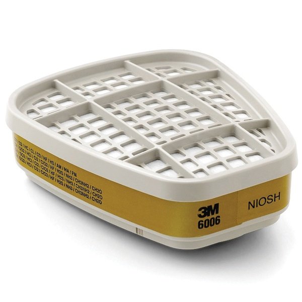 Phin lọc 3M 6006 dạng hộp vỏ xám nhạt, lưới nan trên mặt, đai nhãn màu vàng ô liu quanh thân in 3M 6006 và NIOSH