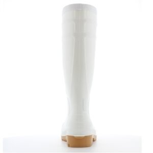 Ủng Safety Jogger Poseidon nhìn thẳng từ phía sau, thân PVC trắng thon, gót đế vàng nâu có gờ tháo ủng