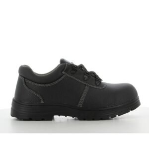 Giày bảo hộ Safety Jogger Rena S3 thấp cổ màu đen nhìn ngang, da Barton Action, đế cao su đen chịu nhiệt