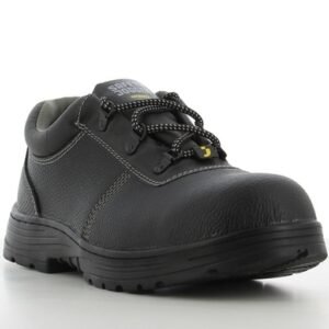 Giày bảo hộ Rena S3 góc 3/4 trước, mũi giày da đen dày, dây buộc, nhãn Safety Jogger trên lưỡi gà, đế cao su