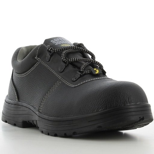 Giày bảo hộ Rena S3 góc 3/4 trước, mũi giày da đen dày, dây buộc, nhãn Safety Jogger trên lưỡi gà, đế cao su