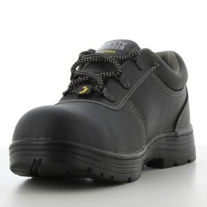 Cận cảnh mũi giày Safety Jogger Rena S3 màu đen, da Barton Action, dây buộc phản quang nhẹ, đế cao su đen