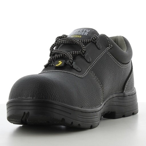 Cận cảnh mũi giày Safety Jogger Rena S3 màu đen, da Barton Action, dây buộc phản quang nhẹ, đế cao su đen