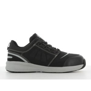 Giày bảo hộ Safety Jogger Rocket81 S1P nhìn ngang, thân nubuck đen phối lưới, sọc trắng xám ở gót, đế xám nhạt dày