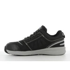 Mặt trong giày Safety Jogger Rocket81 S1P, nubuck đen phối lưới họa tiết chữ, sọc trắng ở gót, đế xám nhạt
