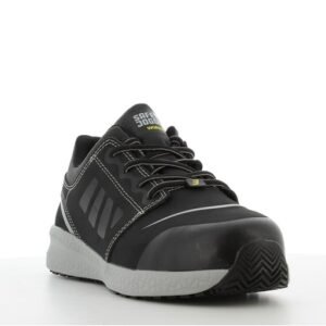 Giày bảo hộ Rocket81 S1P góc 3/4 phía trước, mũi nubuck đen, dây buộc đen, nhãn Safety Jogger, đế xám nhạt