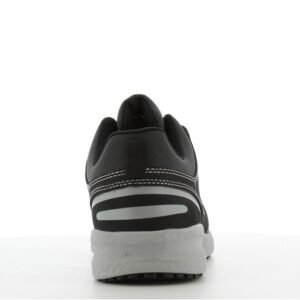 Giày Safety Jogger Rocket81 S1P nhìn từ phía sau, gót nubuck đen sọc trắng xám ngang, đế xám nhạt bản rộng