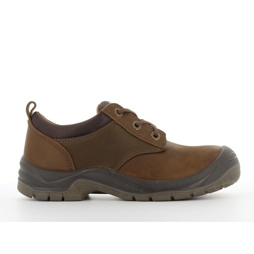 Giày bảo hộ Safety Jogger Sahara S3 da bò nâu pull-up nhìn ngang, cổ vải nâu sẫm, dây buộc nâu, đế PU/PU nâu xám
