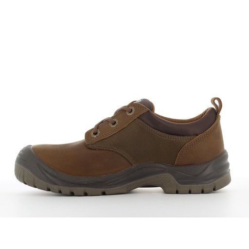 Giày Sahara S3 – góc nhìn mặt trong Mặt trong giày Safety Jogger Sahara S3 da nâu pull-up, loang màu tự nhiên, cổ vải nâu sẫm, đế PU/PU nâu xám