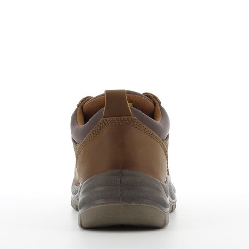 Giày Safety Jogger Sahara S3 nhìn từ phía sau, gót da nâu, cổ vải nâu sẫm có quai kéo, đế PU/PU nâu xám