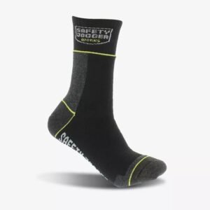 Tất bảo hộ Safety Jogger SJSOCK2 màu đen xám, cổ cao có logo, viền xanh chanh, gót và mũi gia cố màu xám