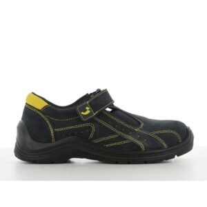 Giày bảo hộ Safety Jogger Sonora S1P da lộn xanh đen, quai dán ngang mu, chỉ may vàng, cổ lót vàng, đế đen