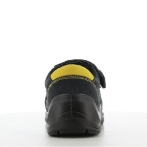 Giày Safety Jogger Sonora nhìn từ phía sau, cổ lót vàng, gót da lộn xanh đen, đế PU/PU đen bản rộng