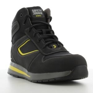 Giày Safety Jogger Speedy cổ cao góc 3/4 phía trước, mũi giày đen tròn, logo hãng trên lưỡi gà, sọc vàng trên thân và đế