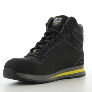 Giày bảo hộ cổ cao Speedy nhìn chéo từ mặt trong phía trước, da Nubuck đen, dây buộc đen, logo trên lưỡi gà, đế viền vàng