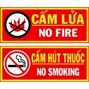 Bộ 2 biển PCCC nền đỏ viền vàng, một biển cấm lửa có hình ngọn lửa gạch chéo, một biển cấm hút thuốc chữ vàng và trắng