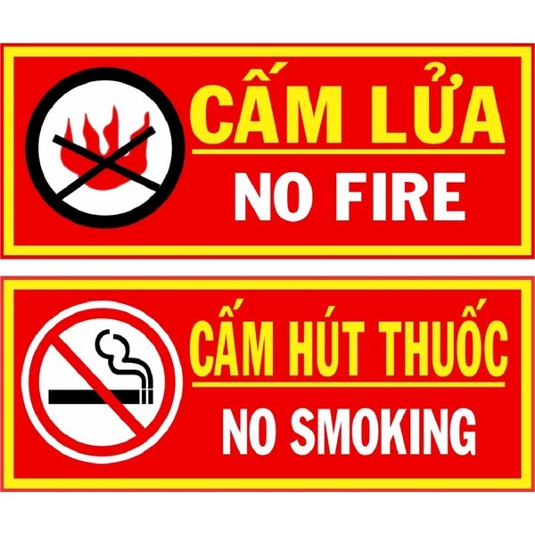 Bộ 2 biển PCCC nền đỏ viền vàng, một biển cấm lửa có hình ngọn lửa gạch chéo, một biển cấm hút thuốc chữ vàng và trắng