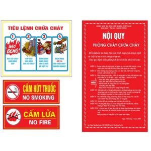 Bộ tiêu lệnh PCCC 4 tấm gồm bảng tiêu lệnh chữa cháy 4 bước, nội quy phòng cháy nền đỏ, biển cấm hút thuốc và cấm lửa