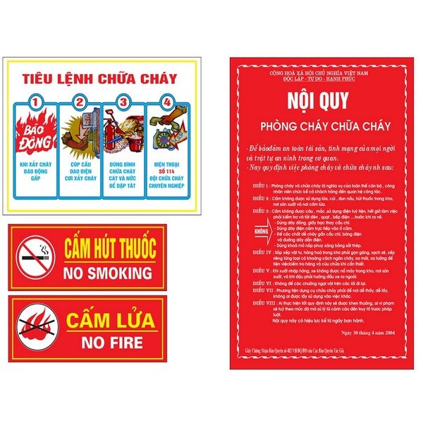 Bộ tiêu lệnh PCCC 4 tấm gồm bảng tiêu lệnh chữa cháy 4 bước, nội quy phòng cháy nền đỏ, biển cấm hút thuốc và cấm lửa