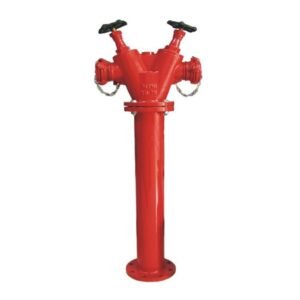 Trụ cứu hỏa 2 họng sơn đỏ, thân ống thẳng đứng có mặt bích giữa và đế tròn, đầu chia hai nhánh với tay van đen