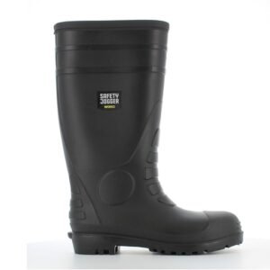 Ủng bảo hộ Safety Jogger Hercules màu đen cổ cao, nhãn hãng ở cổ, đế đen gai sâu, nhìn ngang mặt ngoài