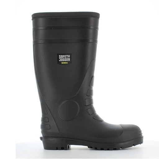 Ủng bảo hộ Safety Jogger Hercules màu đen cổ cao, nhãn hãng ở cổ, đế đen gai sâu, nhìn ngang mặt ngoài