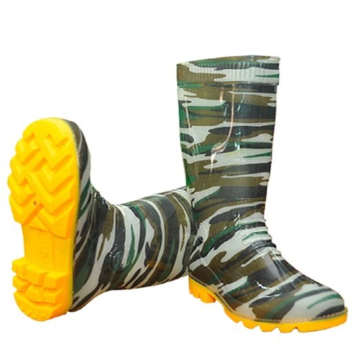 Đôi ủng Hoa San rằn ri nhựa PVC họa tiết ngụy trang xanh nâu, cổ cao, đế cao su vàng, một chiếc khoe đế gai