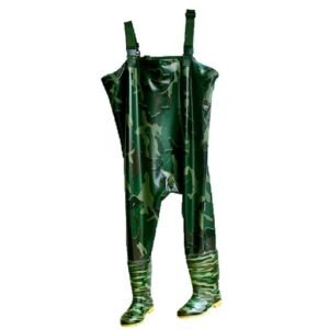Ủng yếm Hoa San rằn ri liền quần lên ngực, có dây đeo vai, nhựa PVC họa tiết ngụy trang xanh, ủng đen liền chân
