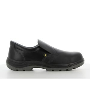 Giày bảo hộ Safety Jogger X0600 kiểu lười màu đen nhìn ngang, da Nappa, chun co giãn bên hông, đế PU/PU xám